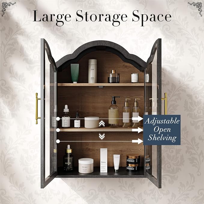 FIMELLO 47.2’’W Wave Design Arched Wall Cabinet, Bathroom Cabinet with Glass Doors Adjustable Shelf, Above Toilet Cabinet, Kitchen Wall Cabinet, Wall Bookshelf, Black Grain