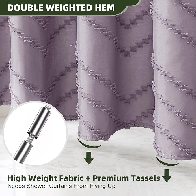 Siiluminisoy Boho Shower Curtain Woven Fabric Purple Cute Shower Curtain Modern Farmhouse Textured Tufted Chevron Striped Minimalist 72 x 72 Bathroom Shower Curtain Set with Hooks