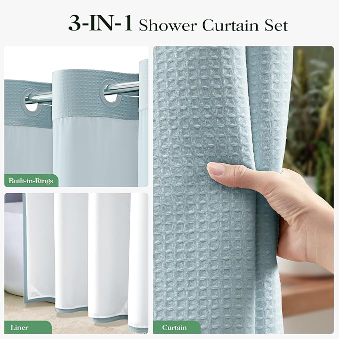 Fog Blue Hook Free Waffle Shower Curtain & Snap-in Liner,72x75 | Less Time to install, 3 in 1 Fabric Shower Curtain and Liner Set with Magnets, Mesh Top Window, Shower Curtains for Bathroom