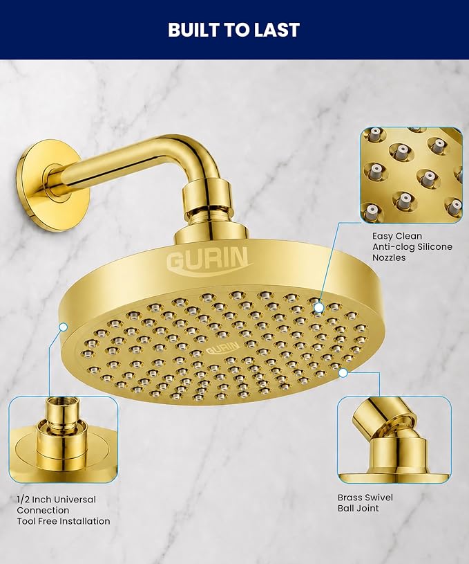 Shower Head - Luxury Gold Plated Finish - Rain Showerhead 6 Inch | High Pressure Shower Heads with Adjustable Angles, 90 Anti-Clog Nozzles, Tool-Free 1-Min Install