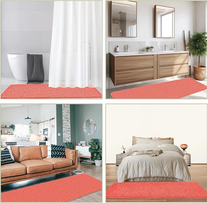 Bathroom Runner Rug 24 x 60 Inch – Extra Large Long Bath Mat | Absorbent and Washable Thick Chenille Bath Rug Non-Slip Runner Rug for Bathroom, Shower, Sink(Coral)
