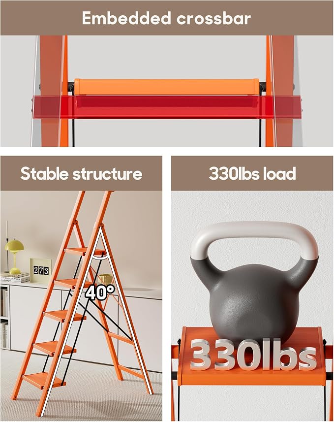HillhutApex Aluminum 5 Step Ladder, Step Stool Foldable Ladder(Orange) | Anti-Slip Pedals,330lbs Capacity,Lightweight Folding Ladders for Home,Office,Libaray