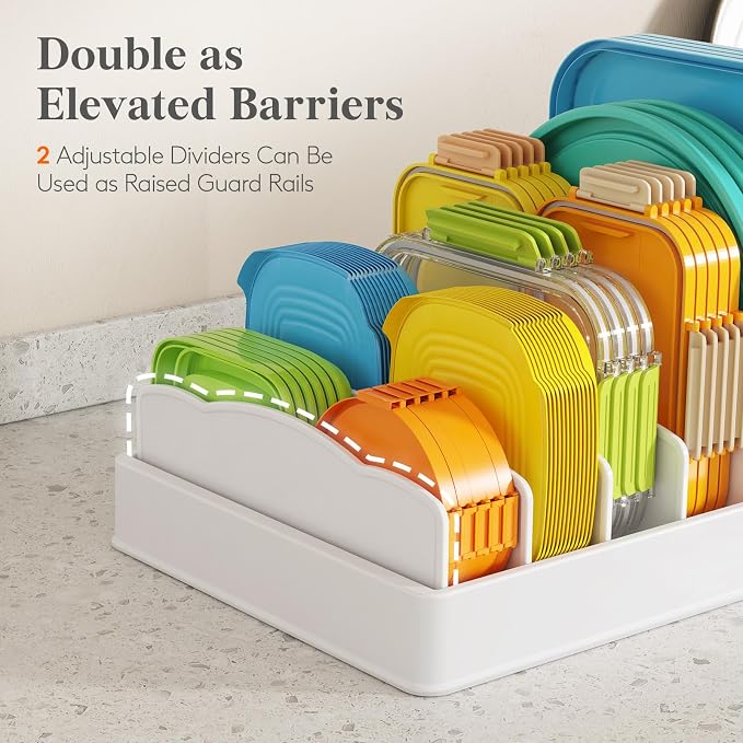 Lifewit Kitchen Cabinet Organizer for Food Contanier Lid with 7 Sections | Lid Holder with 6 Adjustable Dividers for Pantry Organizers and Storage, Home Drawer Organization, White, Large, 13" x 10"