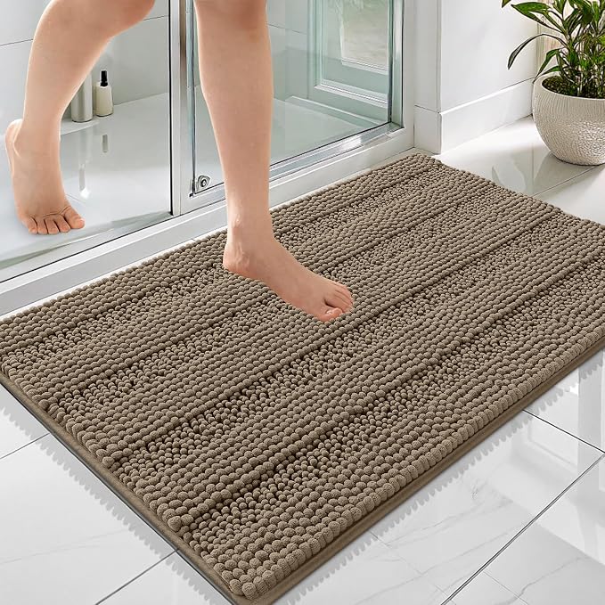 OLANLY Thick Bathroom Rugs 36x24, Soft Chenille Striped Bath Rugs, Tan | Rubber Backing, Machine Wash, Extra Absorbent Bath Mats for Bathroom Floor, Tub and Shower, Home Decor Accessories