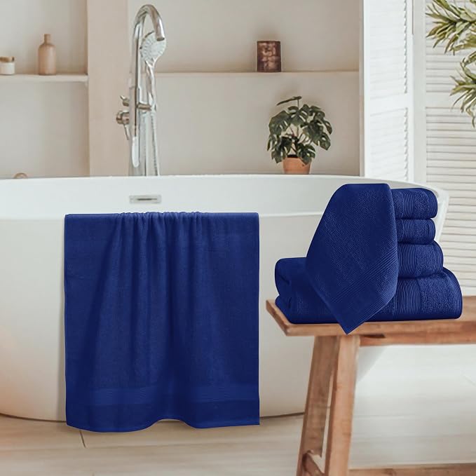 8 Piece Towel Set 100% Ring Spun Cotton, 2 Bath Towels 27x54, 2 Hand Towels 16x28 and 4 Washcloths 13x13 - Ultra Soft Highly Absorbent Machine Washable Hotel Spa Quality - Navy Blue