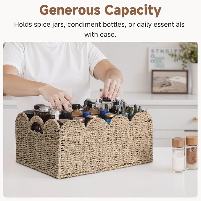StorageWorks Scalloped Seagrass Baskets, Large Scalloped Basket for Nursery | Scalloped Wicker Basket for Living Room, Decorative Scalloped Baskets for Storage, Wicker Baskets for Organizing and Decor