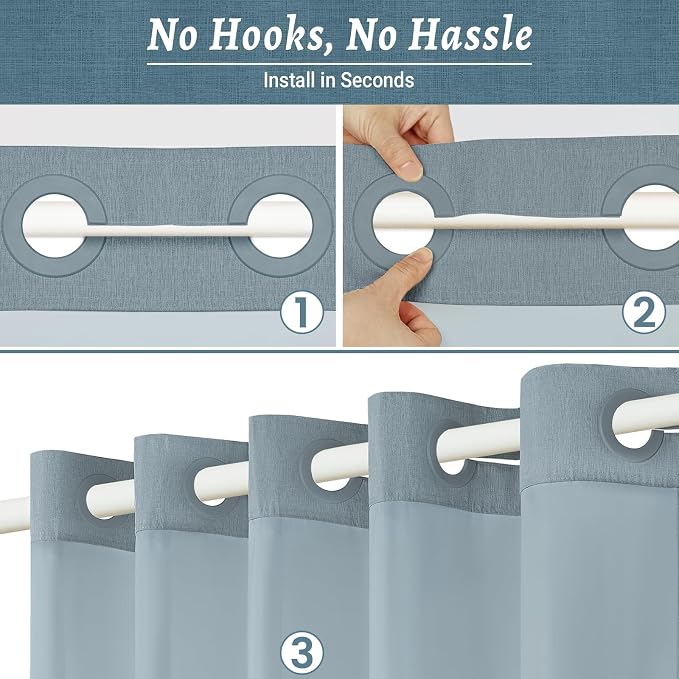 WONICY No Hook Shower Curtain with Liner, Gray Blue, 71 x 74 Inch | Ringless, Waterproof & Washable, Hotel Style, Mesh Top Window, Bottom Magnets, Thick, Farmhouse, for Bathroom