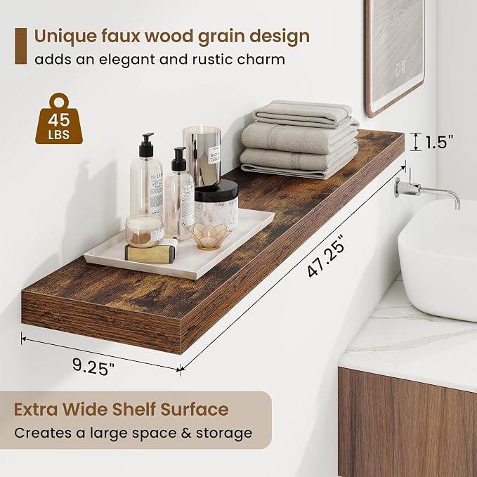 9.25in Depth 48in Floating Shelves, 48x9.25x1.4, Rustic Brown, Set of 2 | Long Wall Mounted Engineered Wood Shelves with Invisible Brackets for Living Room, Bedroom, Bathroom, Kitchen