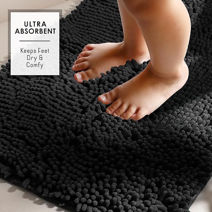 Hearth & Harbor Bathroom Rugs, Chenille Bath Mat - Machine Washable Bath Mats for Bathroom Non-Slip Backing Rubber, Quick Dry Mat - Black Bath Rug, 17x24-26x44-20x24