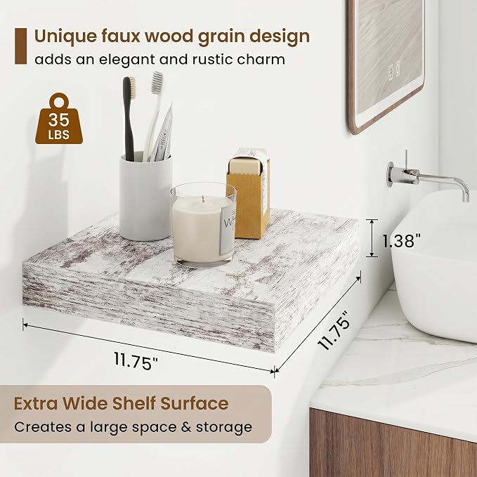 Marsmiles 12in Depth Floating Shelves, 12x12x1.4, Vintage White, Set of 3 | Small Wall Mounted Square Shelves, Engineered Wood, Invisible Brackets, Living Room, Bedroom, Bathroom, Kitchen Decor