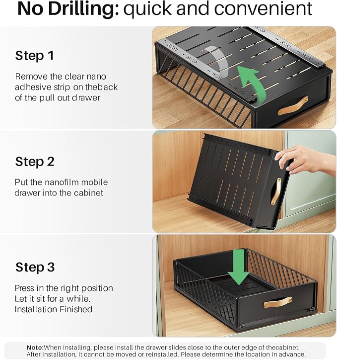 Pull out Cabinet Organizer,Heavy Duty Slide out Pantry Shelves Drawer Storage with Adhesive Nano Film,Sliding Mesh Cabinet Basket with Handle for Kitchen, Bathroom, Home, 15.8"W X 21"D X6.2"H,Black