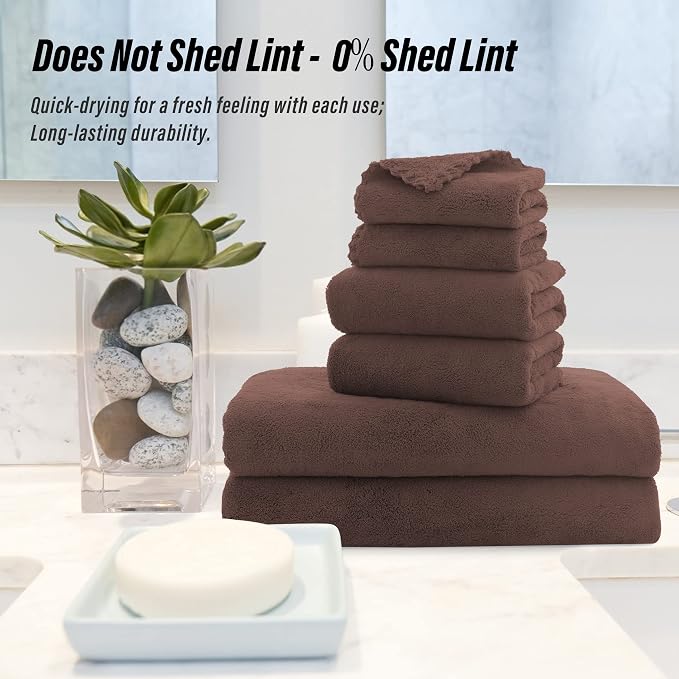 MOONQUEEN Ultra Soft Microfiber Coral Velvet Towel Set - Quick Drying, 2 Bath Towels, 2 Hand Towels, 2 Washcloths - Wood Brown, 6 Pcs