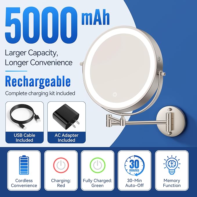 Auxmir 9″ 5000mAh 1X/30X Wall Mounted Lighted Magnifying Makeup Mirror | Power Adapter&2 Tweezers Included/ 3 Dimmable Colors/ Dual Sided Button Control/ Rechargeable/ 360° Rotation Extended Arm
