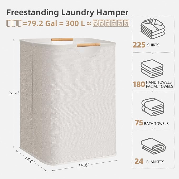 STORAGE MANIAC 3-Pack Large Laundry Hamper, 100L (26.4 Gal) Collapsible Laundry Basket with Bamboo Handles, Freestanding Waterproof Clothes Hamper for Laundry Room, Bedroom, Dorm, Towels, White