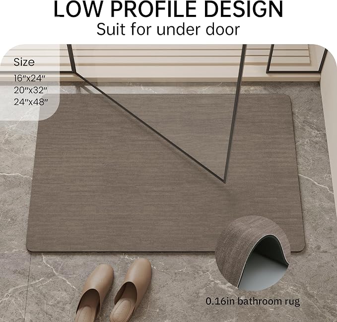 Mecko Bath Mat 24"x48",Ultra Thin Bathroom Rug fit Under Door Brown | -Non-Slip, Quick Dry, Absorbent Bathroom Rug Suit for Tile floors, Easy Care Shower Rug in Front of Bathtub, Sink, Shower