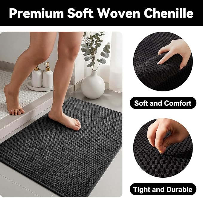 Triohero Bathroom Rugs Non Slip Washable, Super Absorbent Thin Bath Mat Quick Dry Low Pile Bathroom Rug, Black 24"x47"