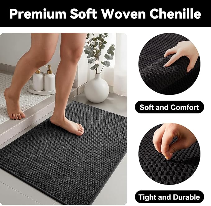 Triohero Bathroom Rugs Non Slip Washable, Super Absorbent Thin Bath Mat Small Quick Dry Low Pile Bathroom Rug, Black 20"x30"