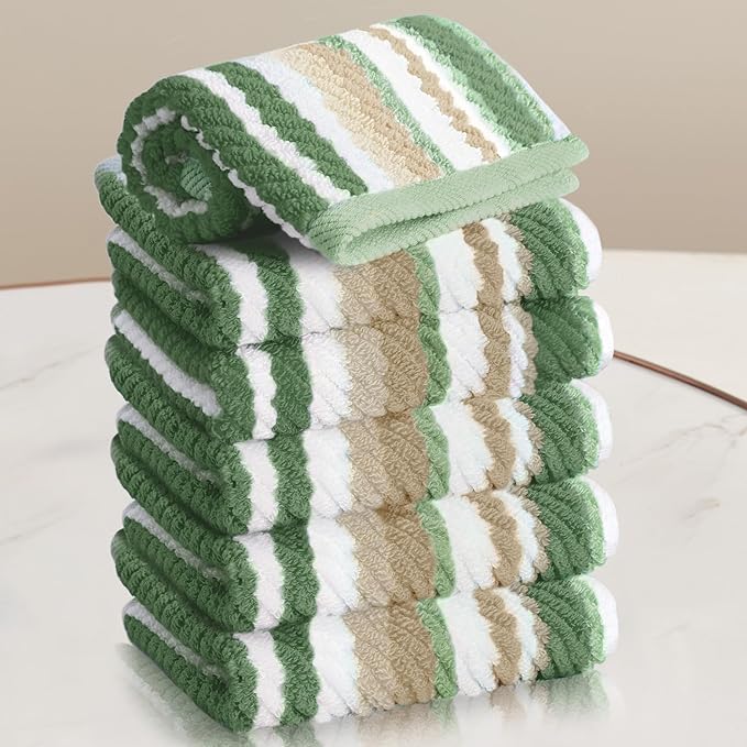 VOOVA & MOVAS Striped Washcloths 6 Pack, 100% Cotton, 13x13 in, Sage Beige | Great for Daily Bathroom Facial Use, Quick Dry, Soft, Absorbent, Luxury Wash Cloths