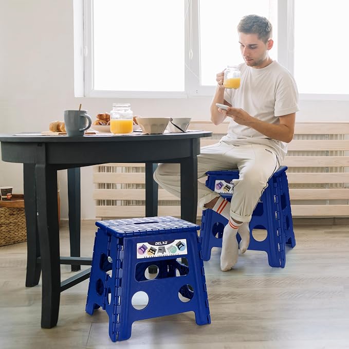 Delxo Folding Step Stool 13 Inch,300 Lbs Step Stool for Adults Blue | Foldable Step Stool 13",Non-Slip Foot Stools with Handle,Lightweight Collapsible stools for Kitchen,Bathroom,Bedroom,Garden