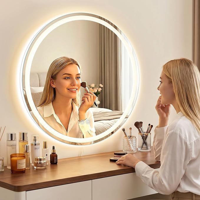 36Inch Round LED Bathroom Mirror with Backlit + Front Lit | Dimmable, 3 Color, Anti-Fog, Tempered Glass, Shatter-Proof Wall Mounted Vanity Mirror with Light for Washroom, Closet