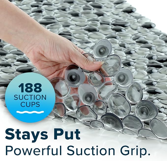 SlipX Solutions 38"x17" Pebble Non Slip Mat for Bath & Shower, Dark Gray | Foot Massaging Accupressure Bathtub Mat, River Rock Look, 188 Suction Cups, Machine Washable