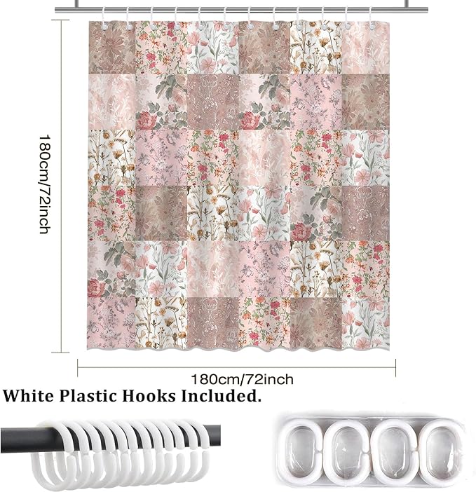 Shower Curtains for Bathroom, Boho Shower Curtain, Vintage Boho Pink Floral Bathroom Decor Bath Curtain, Mid Century Waterproof Retro Farmhouse Patchwork Floral Shower Curtain, 72 X 72 Inches
