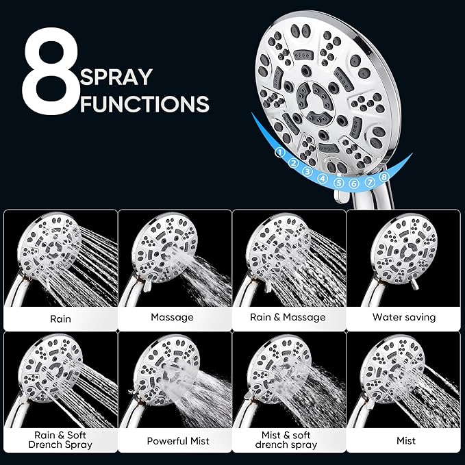 Cobbe 8-Setting Handheld Shower Head, Water-Saving Design, Chrome | Trickle Pause Mode, 5ft Stainless Steel Hose, Brass Swivel Bracket, Tool-Free Installation