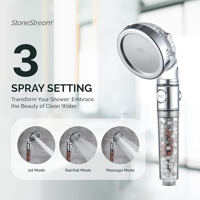Original StoneStream Filtered Shower Head, Eco Power High Pressure Water Softener Showerhead with ON/OFF switch and Spa like Ionic beads for Dry Skin & Hair — 3 Spray Settings