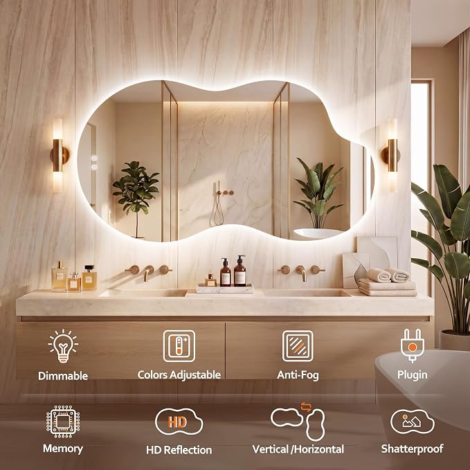 60''x36'' Lighted Mirrors for Bathroom Wall Backlit, Cloud LED Bathroom Mirror Frameless with Lights Anti Fog, Dimmable, 3 Colors,Tempered Glass, Shatter-Proof