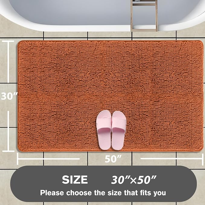 Bathroom Rugs 30 x 50 Inch – Extra Large Bath Mat | Absorbent and Washable Thick Chenille Bath Rugs Non-Slip Runner Rug for Bathroom, Shower, Tub(Burnt Orange)