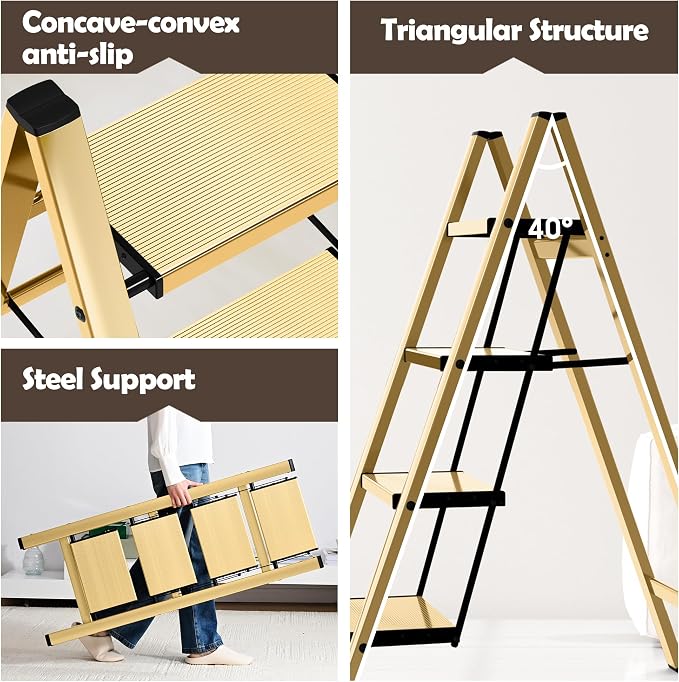 Taranta 4 Step Stool Foldable,Aluminum Step Ladder-Gold | Lightweight,Wide Anti-Slip Pedals,Folding Step Stool,330lbs Capacity Stepladder for Household,Kitchen,Office