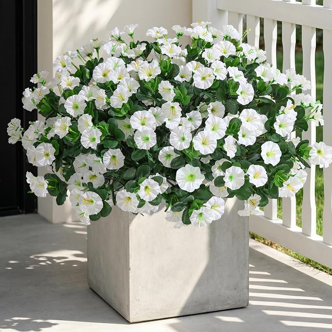 Artificial Flowers for Outdoors Fake Plants Outside Decoration, 4 Bundles Silk White Morning Glory UV Resistant Look Real Faux Flowers for Planter Front Door Porch Patio Yard Gardens Balcony
