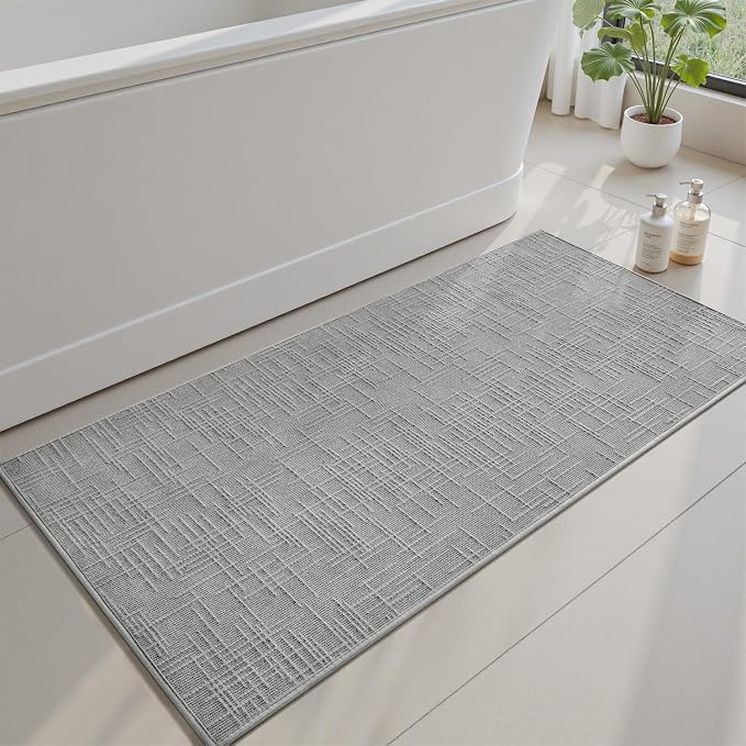 AMOAMI Bath Mat Non Slip Super Absorbent Quick Dry Bath Mats for Bathroom Floor Rubber Backing Washable Bathroom Rugs Modern Woven Jacquard Mat, Beside Tub Bath Rugs, 2'x4', LightGrey