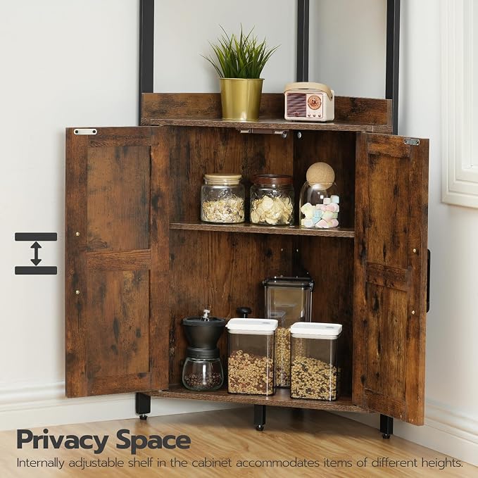 HOOBRO Corner Shelf with Storage, Tall Corner Cabinet, 5-Tier Bookshelf Stand, Storage Cabinet with Protective Fence, for Living Room, Rustic Brown and Black BF78CJ01