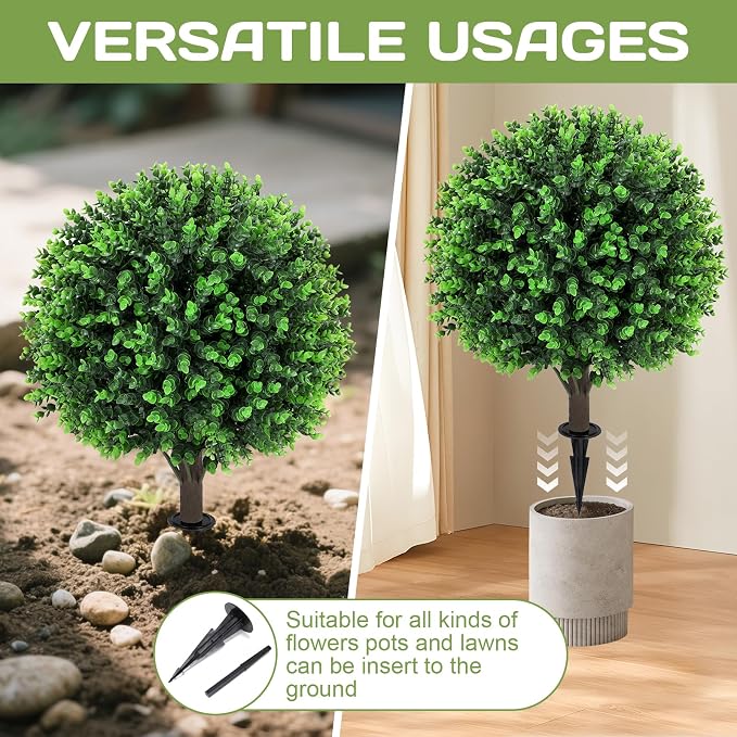 Artificial Green Eucalyptus Topiary Ball Tree 24" with Ground Spike, Set of 2 Artificial Boxwood Bushes for Faux Shrubs, Fake Evergreen Faux Plant for Indoor Outdoor Garden -UV Resistant–Fade-Proof