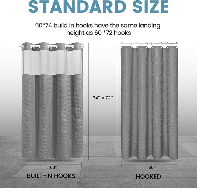 EUTXL Heavyweight No Hook Shower Curtain with Liner, Grey, 60x74 | Snap in Liner, Thick Waffle Fabric, Hotel Quality, Corner Magnets, Waterproof & Washable