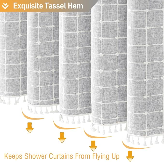 72x78 Boho Farmhouse Linen Heavy Duty Cloth Shower Curtain, Gray/Grey | Long Size, 330GSM Linen Blend, 3-side Tassels, Water Repellent Fabric, 12 Plastic Hooks, Bohemian Style, Machine Washable