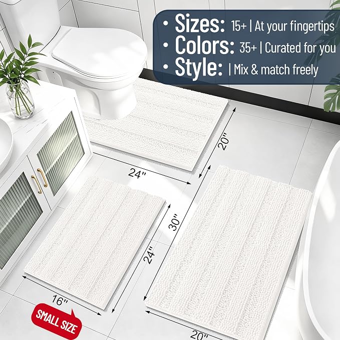 Smiry Thick Chenille Large Bathroom Runner Rugs 44x32, Soft Bath Mat, Ivory | Quick‑Dry & Machine Washable, Non‑Slip Bath Carpet, Striped Bath Rugs for Tub & Shower, Modern Home Decor Accessories