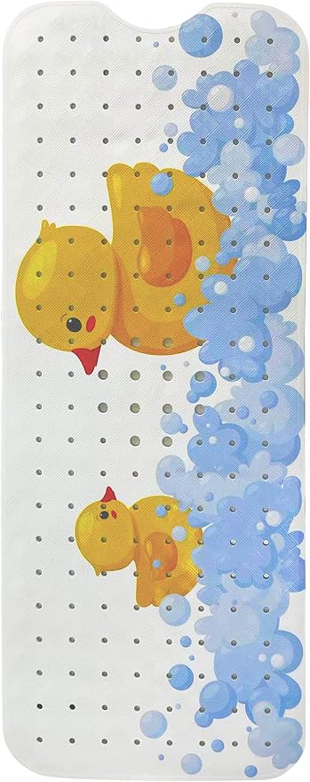 ENKOSI Non-Slip Bath & Shower Mat 40x16 Extra Long, Suction & Drain Holes | Fun rubber duck print for kids; Durable PVC; 40x16 in, Duck