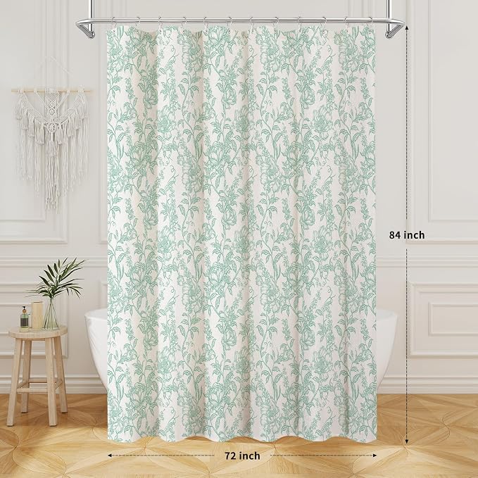Teal Boho Linen Shower Curtain, Farmhouse Floral for Bathroom | Botanical floral print. Rustic farmhouse boho decor. Durable linen blend fabric. Machine washable for easy care. 72x84