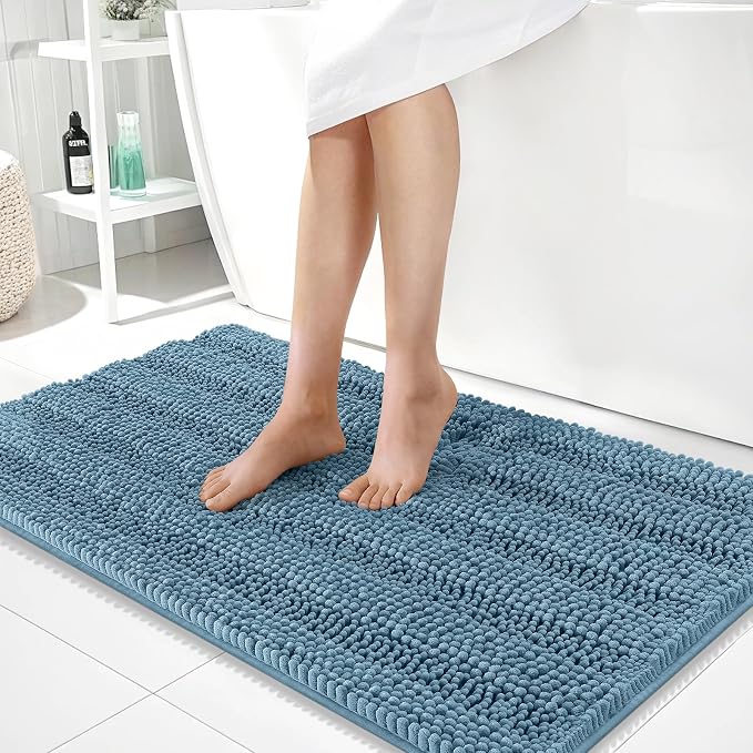 OLANLY Thick Large Bathroom Rugs 40x24, Soft Chenille Bath Rugs, Airy Blue | Absorbent Striped, Rubber Backing, Machine Wash Dry, Bath Mats for Bathroom Floor, Tub and Shower, Home Decor Accessories