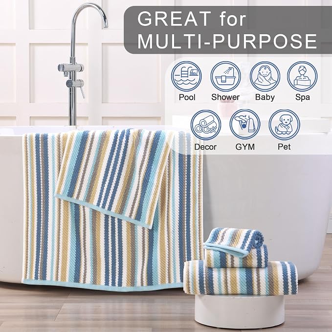 VOOVA & MOVAS Striped Towels 3 Pack, 100% Cotton, Blue Gray Beige | Ideal for Household & Guest Bathroom, 13x13, 16x27, 28x52 In, Quick Dry, Soft, Absorbent, Bath Towels with Hanging Loops