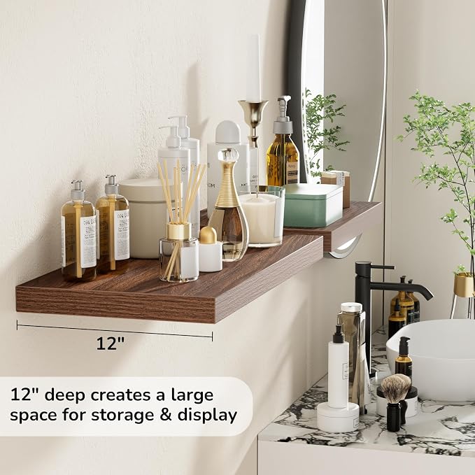 Fun Memories Floating Shelves - 2 Pack 12 Inch Deep Rustic Wooden Wall Shelves - Extra Deeper & Thicker Wall Mounted Storage Shelf for Living Room, Kitchen, Farmhouse - 24" W x 12" D x 1.5" H - Walnut