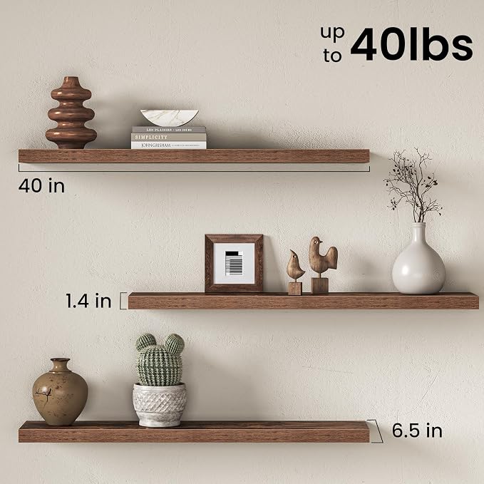 40 Inch Floating Shelves for Wall, Wood Wall Mounted Deep Storage Shelves with Invisible Brackets, Long Decorative Display Ledge for Living Room Bedroom Bathroom and Kitchen, Set of 2, Rustic Brown