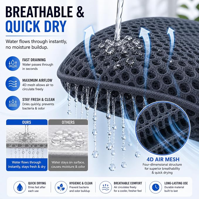 Bath Tub Pillow, Extra Thick Luxury Cushion with Strong Suction Cups for Head, Neck & Back Support, Breathable Spa Pillow for Relaxing Night Bath (Black)