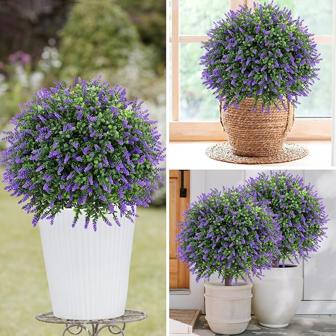 Artificial Lavender Topiary Ball Tree 25" with Ground Spike, Set of 2 Artificial Boxwood Bushes for Faux Shrubs, Fake Evergreen Faux Plant for Indoor Outdoor Porch Garden -UV Resistant–Fade-Proof