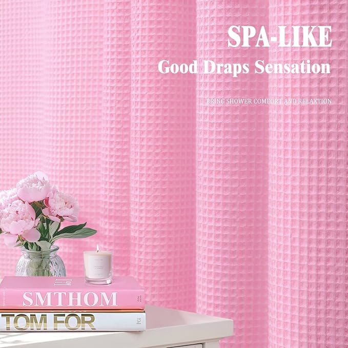 Waffle Weave Shower Curtain Heavyweight Cotton Fabric Pink 72Wx72L | Soft Cotton Cloth,3D Square Truely Waffle Washable, Hotel Luxury Spa, Shower Curtain Set for Bathroom 12 Plastic Hooks