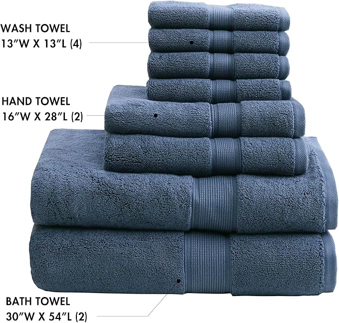 Madison Park 800GSM 100% Cotton Bathroom Bath Towel Set of 8, Blue | Long Staple, Highly Absorbent, Durable Hotel Spa Quality, Quick Dry, Double Stitched Hems, Lint Reducing, OEKO-TEX Certified