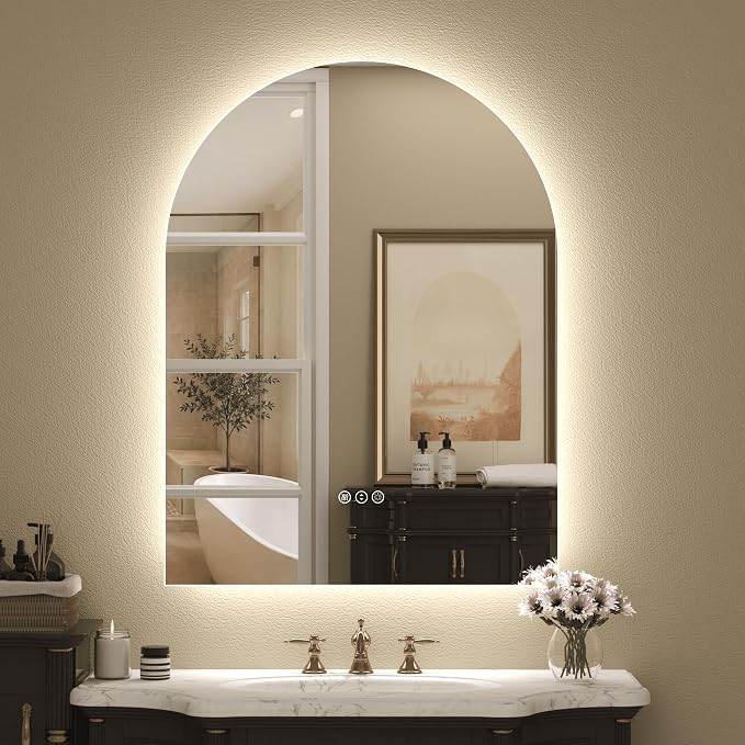 24x32 Inch Arched Backlit LED Bathroom Mirror | Dimmable Lighted Bathroom Vanity Mirror, Anti-Fog, 3 Colors, Memory, Shatter-Proof, ETL Listed