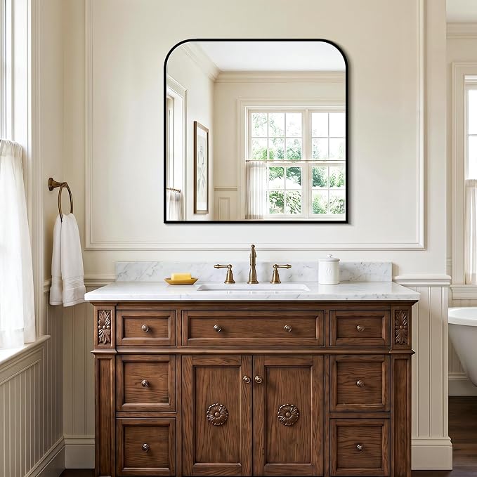 Black Bathroom Vanity Mirror 30x30 Inch, Metal Framed | HD Tempered Glass, Bathroom Mirror for over Sink, Living Room, Bedroom, Entryway, Mantel, Fireplace, Wall Mounted